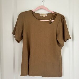 Michael Kors Brown Short Sleeve Blouse with Chain Accent